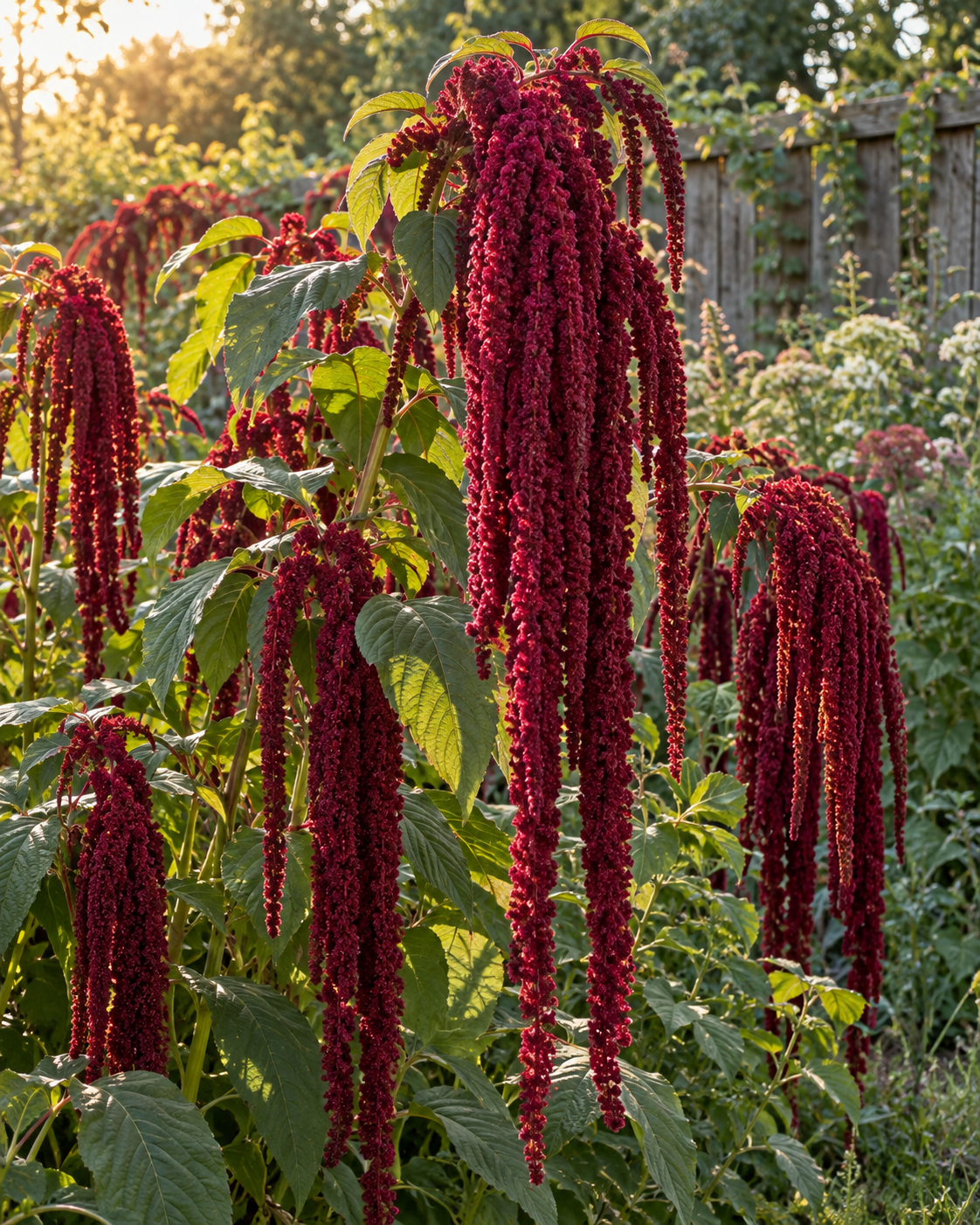 Deep crimson cascading tassels of Love-Lies-Bleeding amaranth in a sunny cottage garden