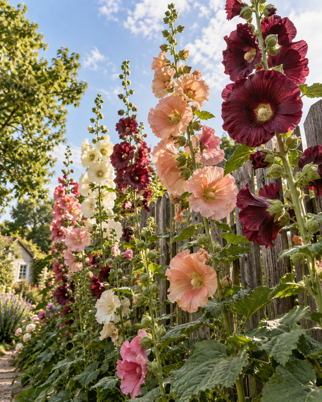 Tall mixed-color hollyhocks growing along a cottage garden fence