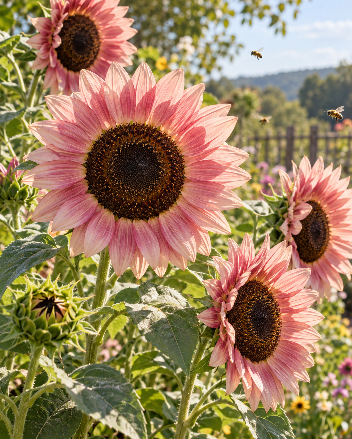 Soft pink sunflowers blooming in a sunny cottage garden